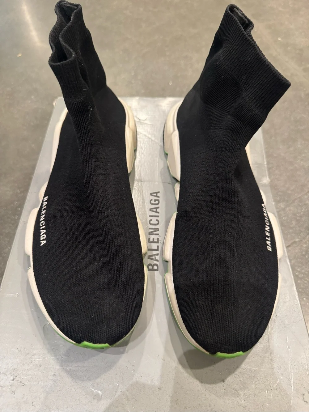 Balenciaga Black Sock-Style Speed Trainers with Green Accents